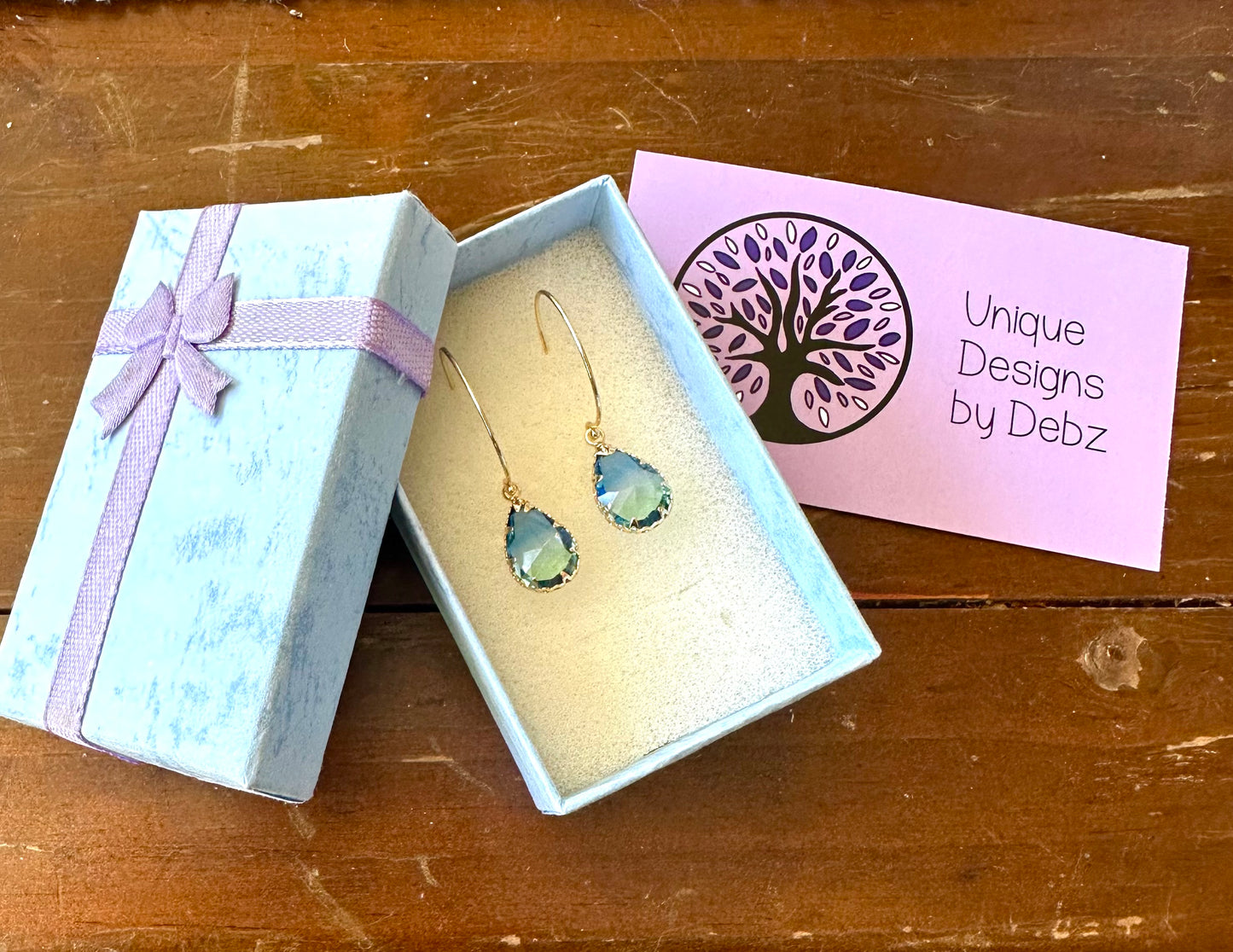 Bluey-Green sparkly glass teardrop earrings on gold plated earrings