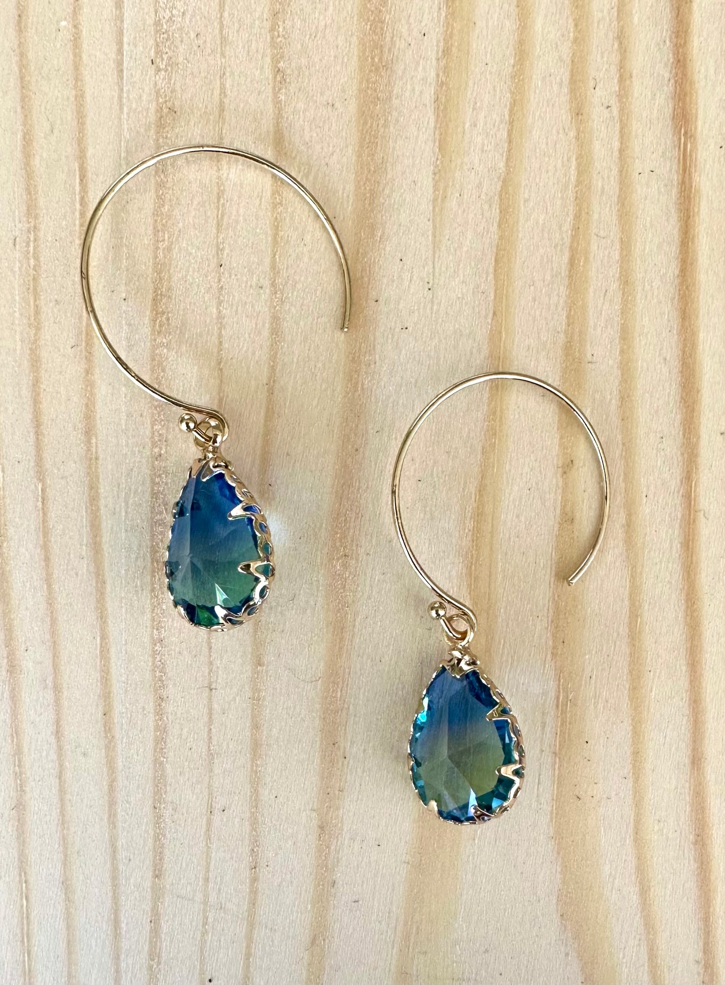 Bluey-Green sparkly glass teardrop earrings on gold plated earrings