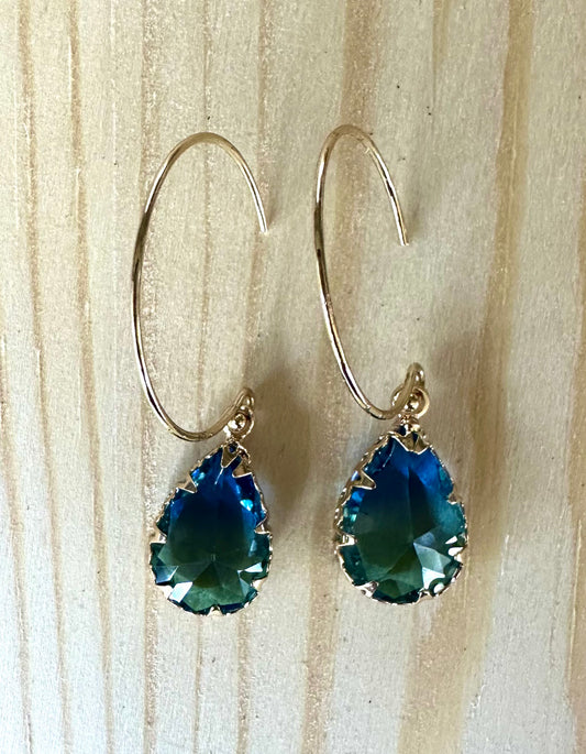 Bluey-Green sparkly glass teardrop earrings on gold plated earrings