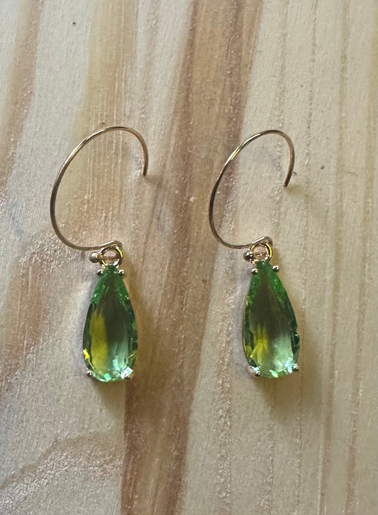 Green faceted teardrop earrings on gold plated hoops
