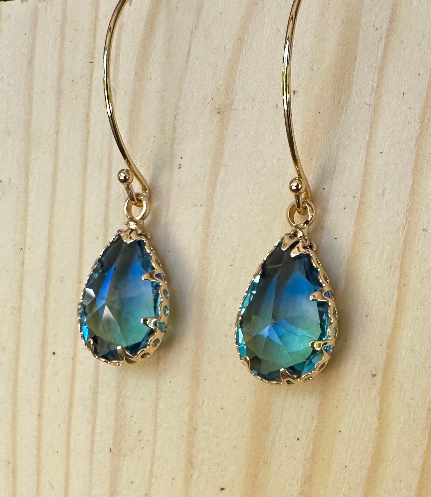 Bluey-Green sparkly glass teardrop earrings on gold plated earrings